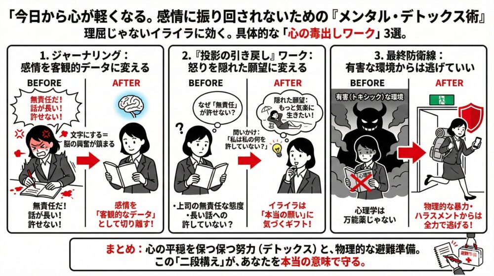 理屈ではないイライラを解消する3つの「心の毒出しワーク」を図解。①感情を書き出し客観的なデータに変える「ジャーナリング」、②怒りから自分の隠れた願望を見つける「投影の引き戻し」、③有害な環境からは全力で逃げる「最終防衛線」を解説。心理的デトックスと物理的避難の二段構えで自分を守る方法を伝えるイラスト。