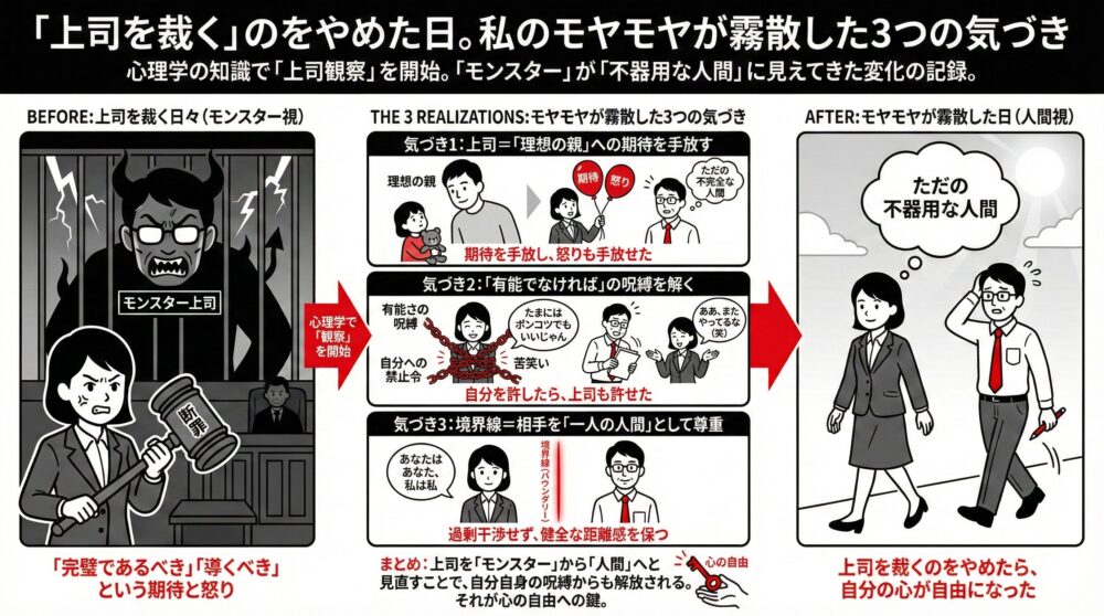 心理学の視点で上司を「モンスター」から「一人の人間」へと捉え直すプロセスを描いた図解。上司を裁く日々から、①理想の親への期待を手放す、②「有能であらねば」という自分への呪縛を解く、③境界線を引いて相手を尊重する、という3つの気づきを経て、心の自由を取り戻すまでの変化を解説したイラスト。