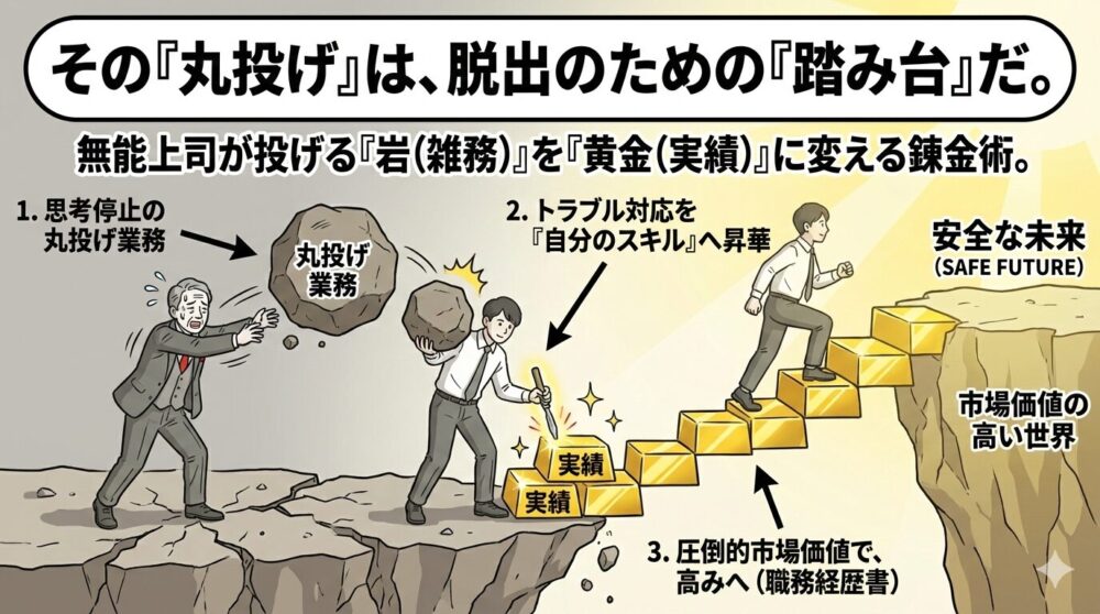 無能な上司から丸投げされる雑務を「黄金(実績)」に変える錬金術の図解。1.思考停止で投げられる「岩(雑務)」を、2.トラブル対応を通じて「自分のスキル・実績」へと昇華させ、3.それを踏み台にして圧倒的な市場価値を築き、安全な未来へと高みへ登っていく逆転の生存戦略を解説。