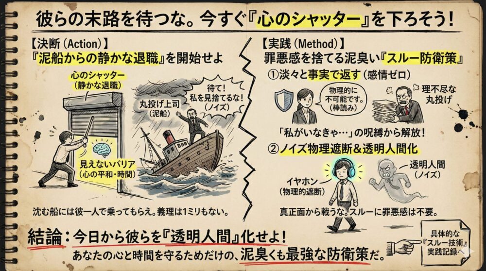 泥船のような職場から静かに退職し心のシャッターで自分を守る図解。感情を排して事実のみで返す技術や物理遮断により無能な上司を透明人間化する生存戦略を解説。罪悪感を捨てて自分の心と時間を守る最強の防衛策を提案するメンタル管理のイラスト。