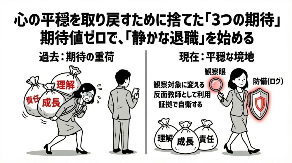 上司への期待を捨てて「静かな退職」により心の平穏を得るプロセスの図解。理解・成長・責任という重荷を背負って疲弊する「過去」から、それらを手放して足元に置き、観察眼（虫眼鏡）と防備（ログの盾）を持って軽やかに歩む「現在：平穏な境地」への変化を解説。