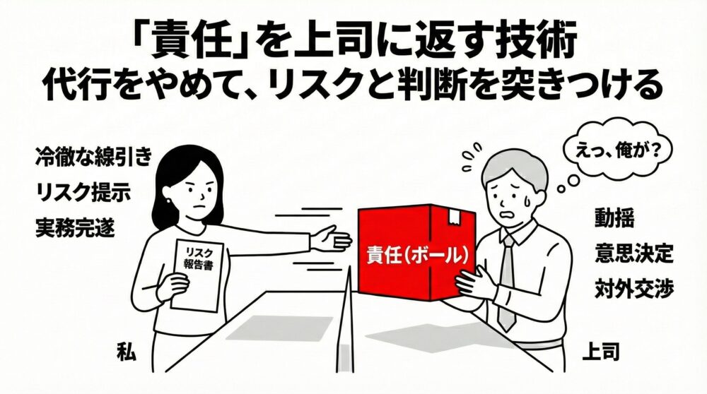 上司に本来の「責任」を返すための技術を図解。部下が良かれと思って行っていた意思決定の代行をやめ、リスク報告書と共に「責任（ボール）」を上司に突きつける様子を描写。冷徹な線引きにより、上司に動揺と本来の意思決定・交渉を促す手法を解説。