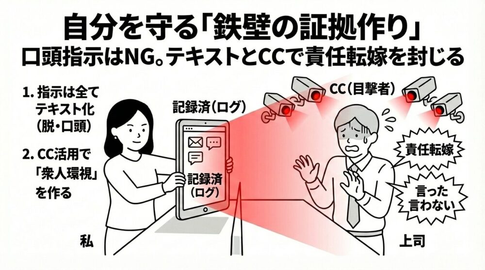 上司による責任転嫁を防ぐ「証拠作り」の技術。口頭指示を避け、全てをテキスト化しCC（目撃者）を活用する手法を図解。記録済みのログを提示する部下と、衆人環視の状況で「言った言わない」の言い逃れを封じられ動揺する上司の対比を解説。