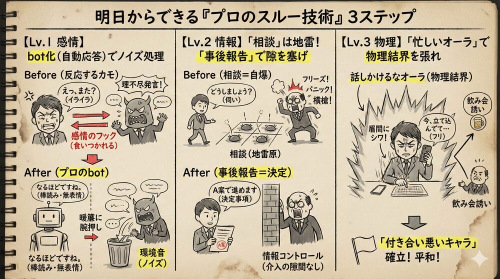 明日からできるプロのスルー技術3ステップの解説図解。感情のbot化、相談を事後報告にする情報操作、忙しいオーラでの物理結界の3段階でストレスを回避。理不尽な上司や無駄な誘いを受け流し自分を守るためのメンタル管理と生存戦略を描いたイラスト。