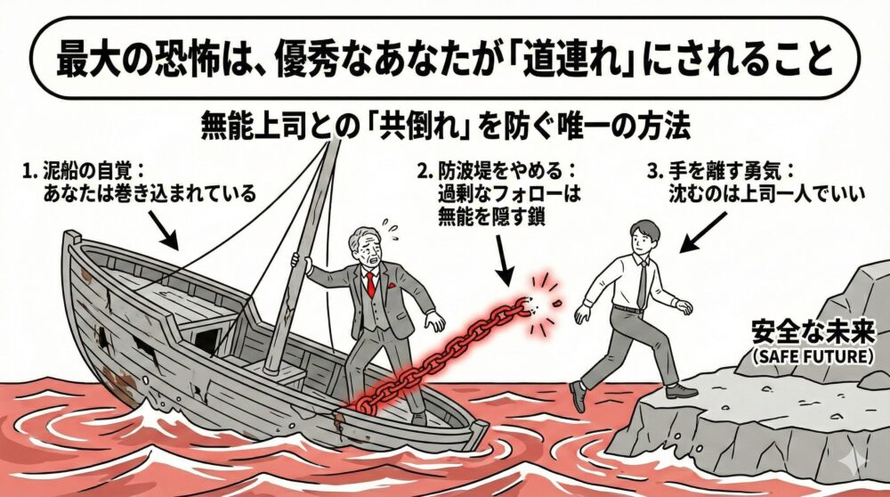無能な上司との共倒れを防ぎ、安全な未来へ脱出する方法の図解。沈みゆく泥船(組織・上司)に鎖で繋がれ、過剰なフォローで支え続けている現状を「共倒れの危機」として描写。鎖を断ち切り、泥船から離れて「安全な未来(SAFE FUTURE)」という岸へ飛び移る「手を離す勇気」の重要性を解説。