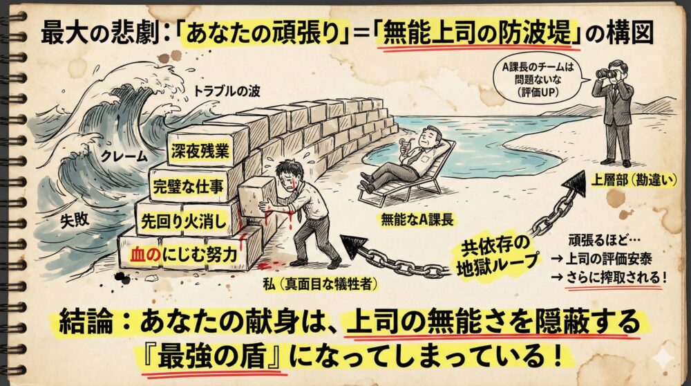 真面目な部下の努力が無能な上司を守る防波堤となり無能さを隠蔽して搾取を招く共依存の構図を描いた図解。深夜残業や火消しが上司の評価を支える不条理を可視化し自分の献身が最強の盾として利用される悲劇を解説するイラスト。
