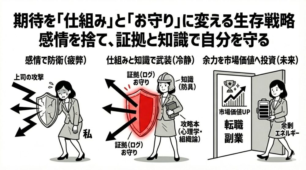 感情的な消耗から脱却し、仕組みと知識で自分を守る「生存戦略」の図解。感情で防衛して疲弊する状態から、証拠（ログ）や知識（心理学・組織論）で武装して冷静さを保つ状態へ移行。生み出した余剰エネルギーを市場価値向上や副業へ投資する、未来志向のキャリア戦略を解説。
