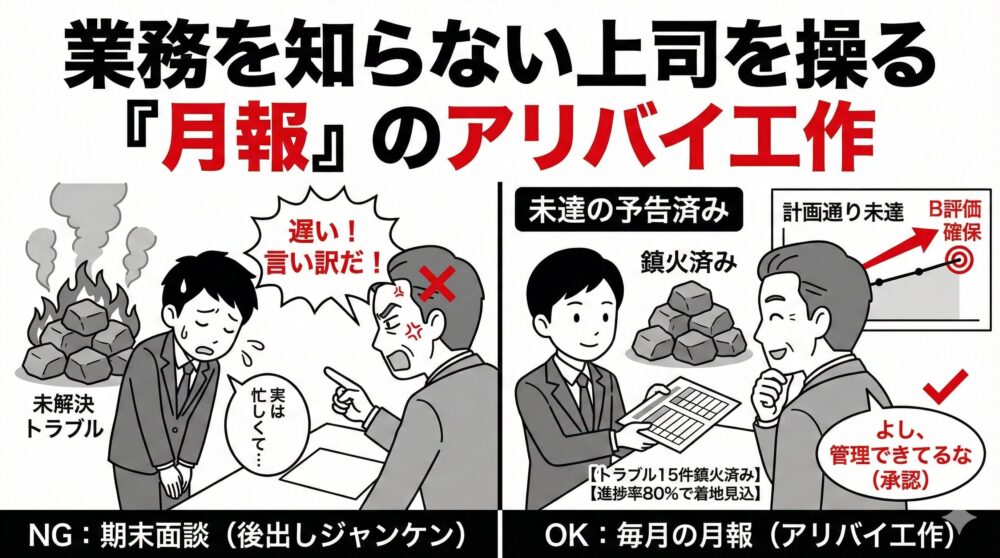 業務を知らない上司を操る『月報』のアリバイ工作。左側は期末面談で未解決トラブルを報告し叱責されるNG例。右側は毎月の月報でトラブル鎮火や進捗を「予告」し、上司の承認とB評価を確保するOK例(アリバイ工作)を比較した図解。
