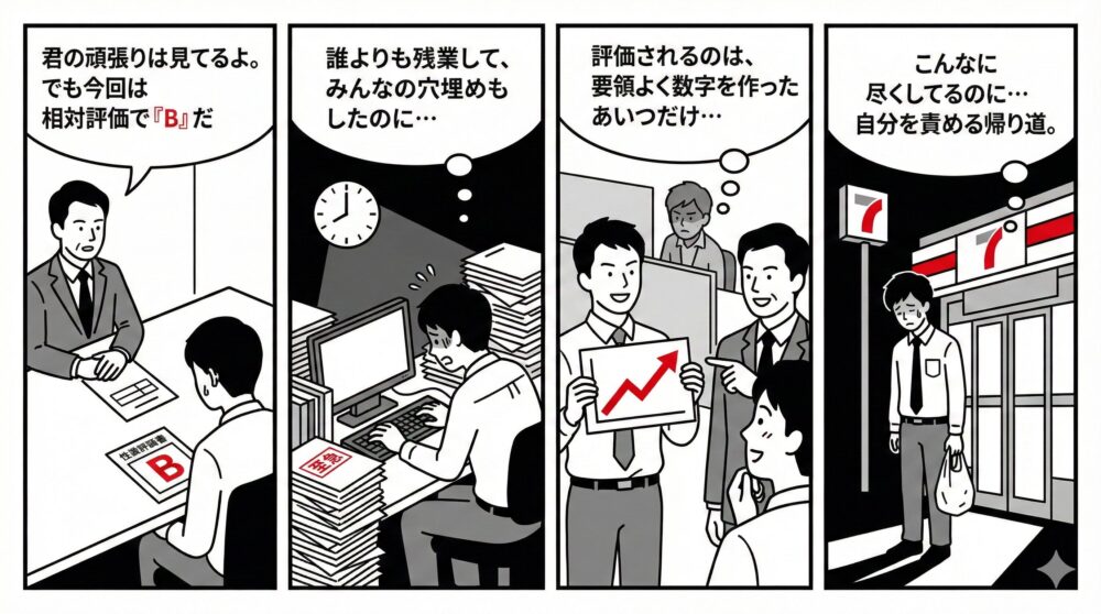 理不尽な人事評価に苦悩するサラリーマンの4コマ漫画。努力や残業、他人の穴埋めが報われず「B評価」を下される現実と、要領よく数字を作った同僚が評価される対比を描き、自分を責めながら帰路につく切ない心情を表現。