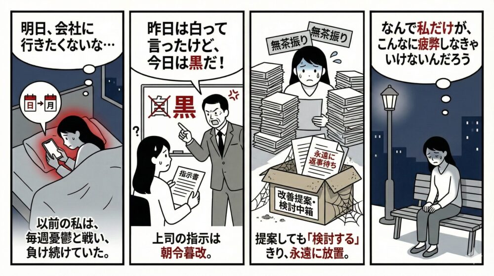 理不尽な職場環境で疲弊する社員の日常を描いた4コマ漫画。1.日曜の夜に月曜を恐れ「会社に行きたくない」と憂鬱になる姿。2.上司の朝令暮改な指示に混乱する場面。3.改善案を出しても「検討する」と放置され、無茶振りの書類の山に囲まれる様子。4.夜の公園のベンチで「なぜ私だけが…」と一人孤独に絶望する結末を描写。