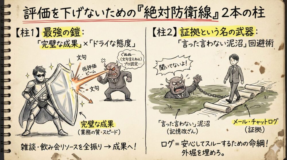 評価を下げずにスルーする絶対防衛線の図解。完璧な成果とドライな態度で理不尽を防ぐ最強の鎧、メール等のログを証拠に泥沼を避ける武器の2本柱を解説。飲み会のリソースを成果に全振りし証拠で自分を守るメンタル戦略と仕事術を描いたイラスト。