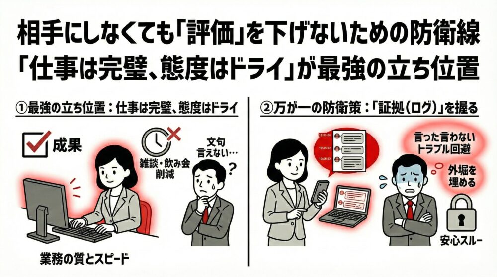 上司をスルーしつつ評価を維持する「最強の立ち位置」の解説図解。1.仕事は完璧（成果・スピード）、態度はドライ（雑談・飲み会削減）を貫き、文句を言わせない状況を作る。2.万が一の防衛策として証拠（ログ）を握り、「言った言わない」のトラブルを回避して安心してスルーできる環境を整える戦略を解説。