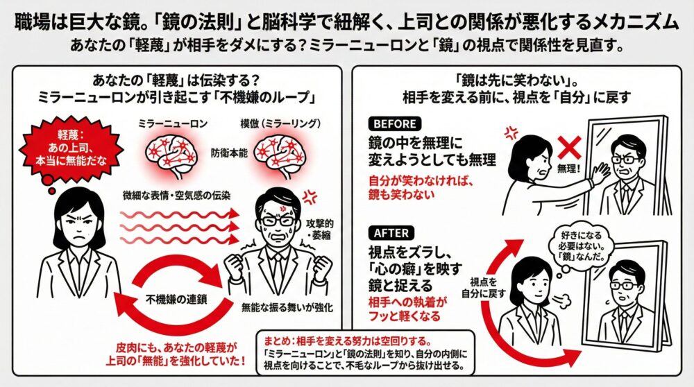 脳科学の「ミラーニューロン」と心理学の「鏡の法則」を用い、上司との関係悪化のメカニズムを図解。自分の「軽蔑」がミラーリングによって相手の無能な振る舞いを強化し、不機嫌の連鎖を生む構造を解説。相手を変えようとせず、視点を自分に戻して「心の癖」を映す鏡と捉えることで、執着から解放されるプロセスを描いたイラスト。