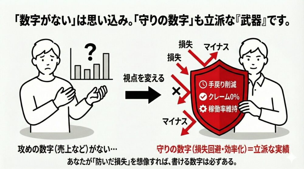 「守りの数字」も立派な実績であることを伝える図解。売上などの「攻めの数字」がないと悩む人が、視点を変えることで「手戻り削減」「クレーム0%」「稼働率維持」といった損失回避・効率化の数字を「武器(盾)」として再定義するプロセスを描写。