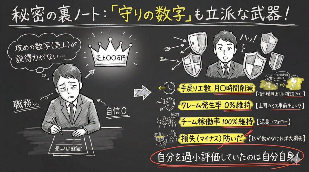 自信がなく職務経歴書を前に悩む姿から、手戻り工数削減やクレーム発生率0%維持といった守りの数字を武器にする考え方への転換を描いた図解。派手な売上実績がなくても、泥臭いフォローや損失回避が立派な実績になることをイラストとテキストで解説している。