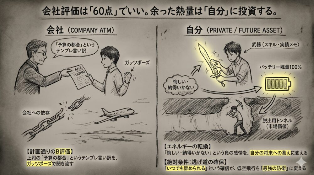 会社評価は60点でいい、余った熱量は自分に投資すると題した図解。会社を給料を引き出すATMと割り切り、計画通りのB評価をガッツポーズで聞き流す様子を描写。負の感情をスキル向上や市場価値という逃げ道の確保へ転換し、自分を守る最強の防衛策を説くイラスト。
