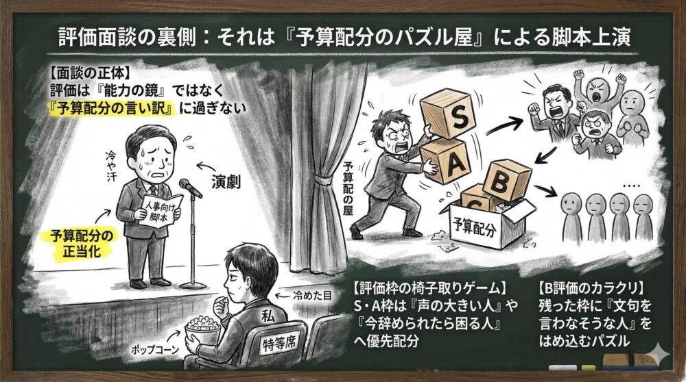 評価面談の裏側を予算配分のパズル屋による脚本上演として描いた図解。評価が能力の鏡ではなく予算配分の正当化に過ぎない実態を、演劇を観賞する構図で描写。S・A枠の椅子取りゲームや、文句を言わなそうな人をB評価へはめ込むカラクリを風刺的に表現したイラスト。
