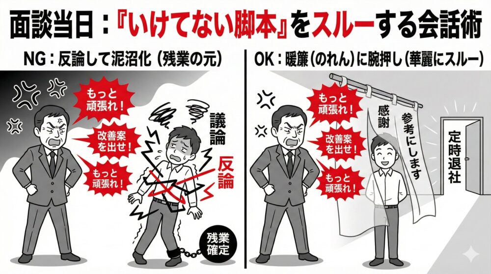 面談当日：「いけてない脚本」をスルーする会話術。左側は上司に反論して議論が泥沼化し「残業確定」となるNG例。右側は「暖簾（のれん）に腕押し」の姿勢で感謝を伝えつつ華麗にスルーし、「定時退社」を実現するOK例を比較した図解。