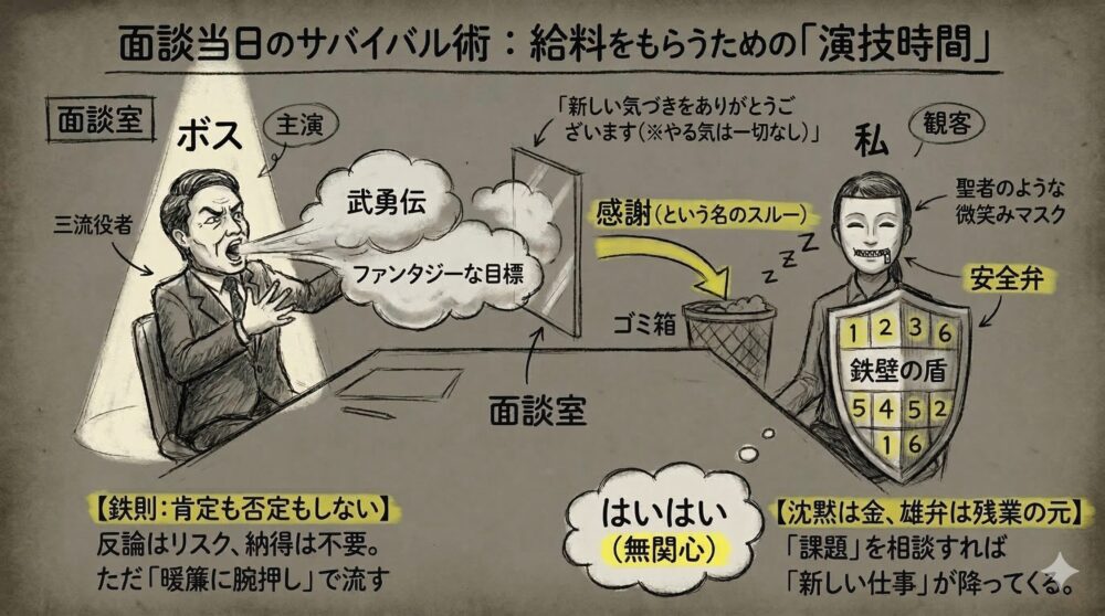 面談当日のサバイバル術を給料をもらうための演技時間と題した図解。上司の武勇伝や目標をスルーし、鉄壁の盾と微笑みマスクで受け流す部下の姿を描写。肯定も否定もせず無関心を貫き、反論のリスクを避けて穏やかに面談をやり過ごす戦略を解説するイラスト。
