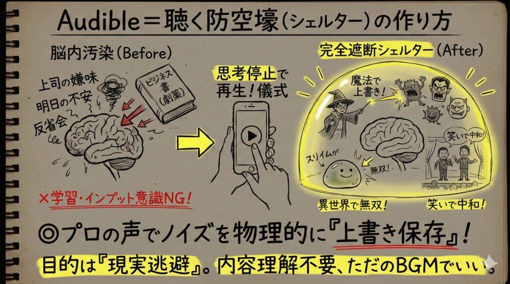 Audibleを「聴く防空壕（シェルター）」として活用し、通勤中の脳内ノイズを物理的に上書きする技術の図解。ビジネス書によるプレッシャーを避け、物語や笑いで現実逃避することでメンタルを守るプロセスを、Before/After形式で描写。