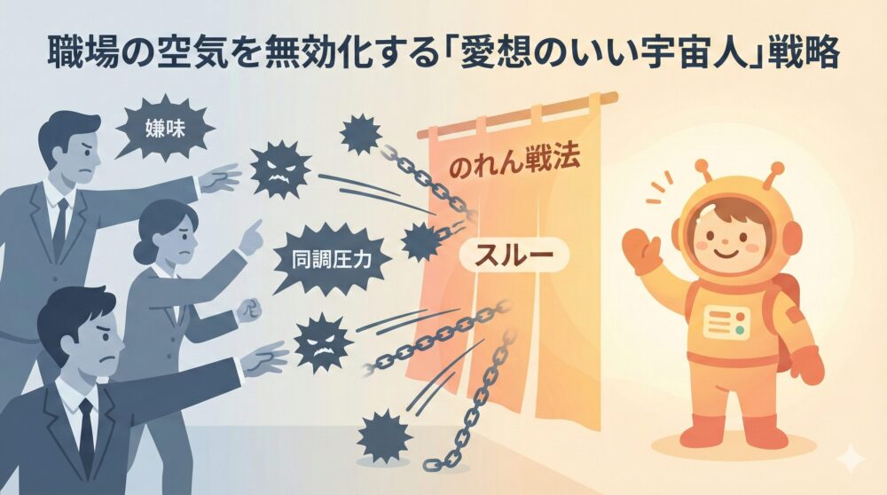 職場の同調圧力や嫌味を「のれん戦法」でスルーし、自分を守る戦略の図。左側の怒る同僚からの攻撃を中央ののれんで受け流し、右側で宇宙服を着た笑顔の人物が「愛想のいい宇宙人」として平然と過ごす様子。メンタルを守る職場での生存戦略を表現。