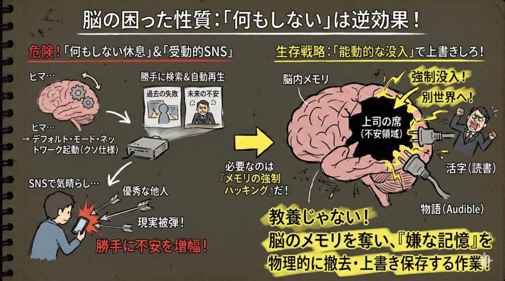 脳がヒマな時に不安を探してしまう性質を解説する図解。何もしない休息や受動的なSNSの危険性を示し、Audibleなどの「物語への能動的な没入」で脳のメモリをハッキングし、嫌な記憶を物理的に上書き保存するメンタルケアの重要性を描写。
