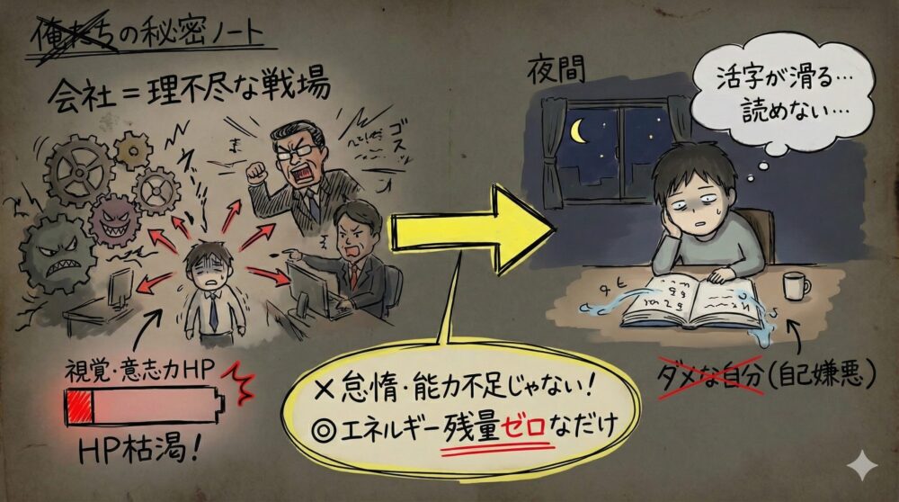 仕事のストレスでHPが枯渇し、夜の読書で「活字が滑る」状態を解説する図解。読めない原因は怠慢ではなくエネルギー不足であることを示し、自己嫌悪に陥る会社員の絶望とメンタル状況を可視化している。