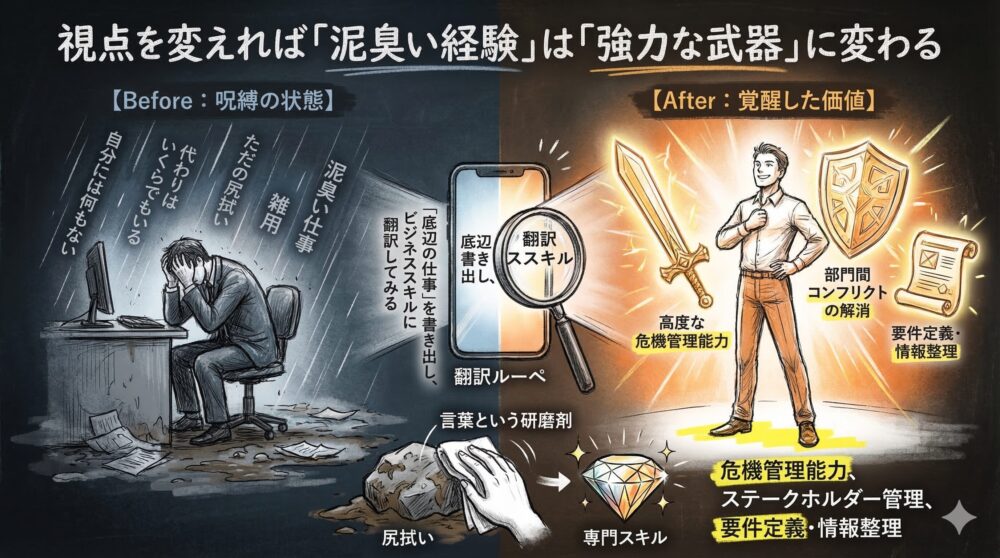 視点を変えれば泥臭い経験は強力な武器に変わると題した図解。自分には何もないと絶望するBeforeの状態から、翻訳ルーペを通じて泥臭い仕事をビジネススキルに変換し、危機管理能力や要件定義などの強力な武器を手に入れたAfterの姿を対比させたイラスト。