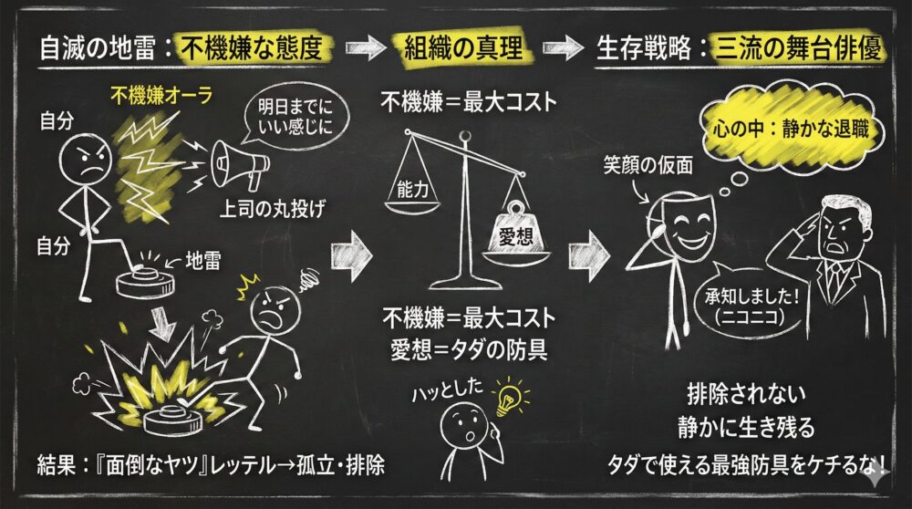 静かな退職で自滅を避ける生存戦略の図解。不機嫌な態度は孤立を招く地雷であり、笑顔の仮面で「三流の舞台俳優」を演じることが最強の防具になると解説。愛想を武器に組織からの排除を避け、心身の平穏を保ちながら賢く生き残るための処世術を強調している。