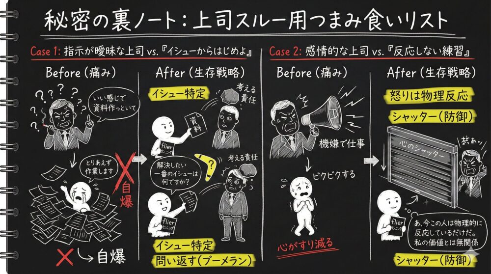 指示が曖昧な上司や感情的な上司を攻略する「上司スルー用つまみ食いリスト」の図解。とりあえず作業して自爆する状態から、問い返しによるイシュー特定や心のシャッターでの防御へ転換する方法を解説。読書要約サービスをカンニングペーパーとして活用し、自分の心と時間を守る生存戦略をイラストで表現している。
