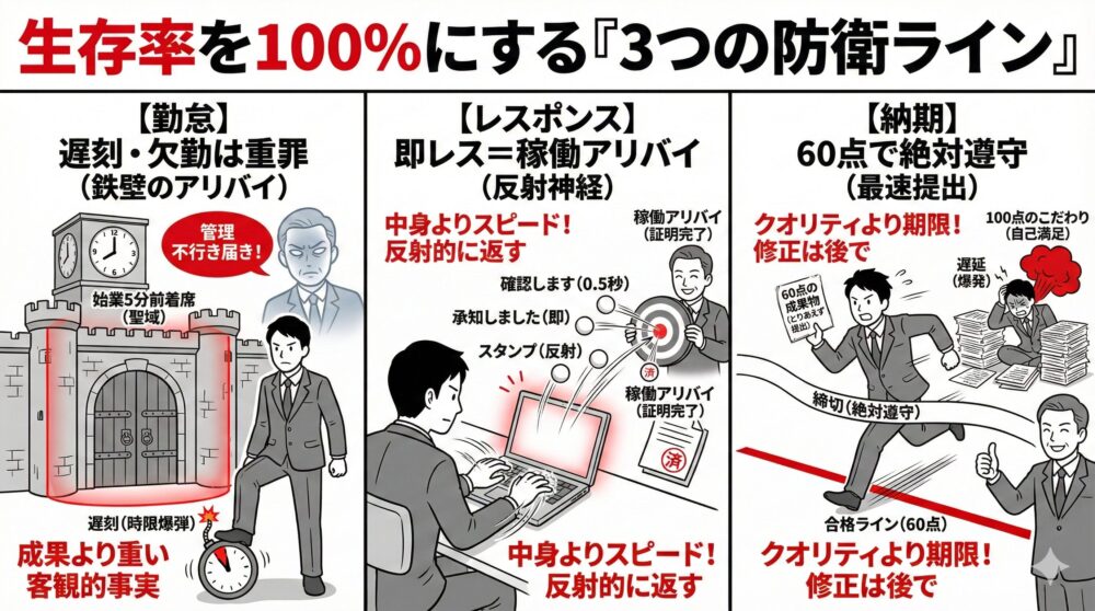 生存率を100%にする「3つの防衛ライン」の図解。勤怠（遅刻厳禁）、レスポンス（即レスで稼働証明）、納期（60点で最速提出）という、職場で信頼を守るための3つの鉄則をイラストで分かりやすく描写。