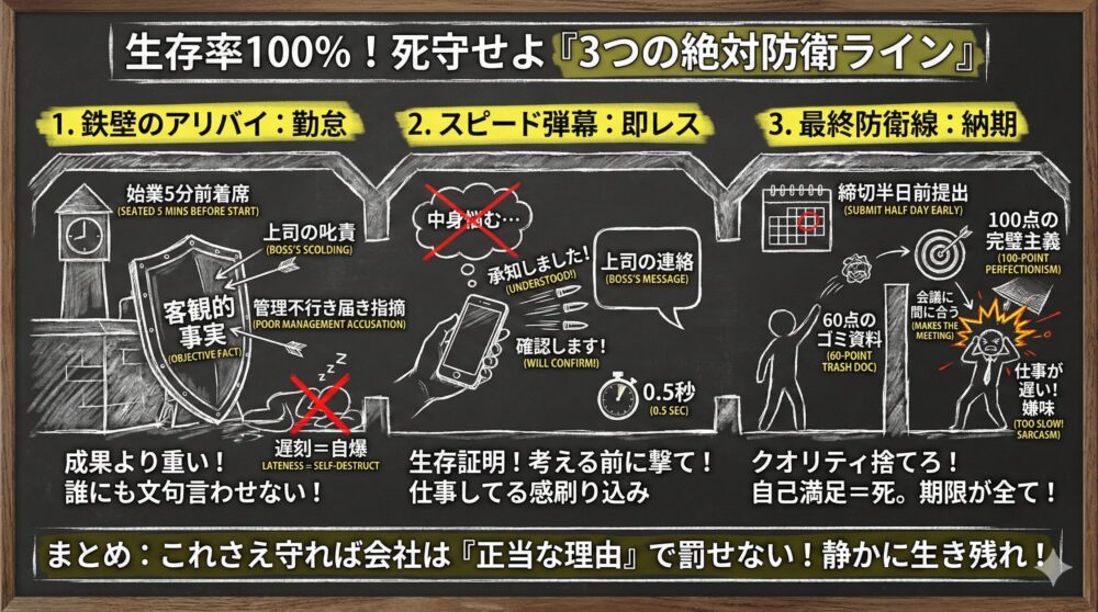 会社が正当な理由で社員を罰せなくなる3つの絶対防衛ラインの図解。勤怠の遵守、即レスによる生存証明、質より納期優先の徹底を生存戦略として紹介。これらを守ることで理不尽な攻撃から身を守り、組織で静かに生き残るための具体的な手法とマインドセットを解説している。