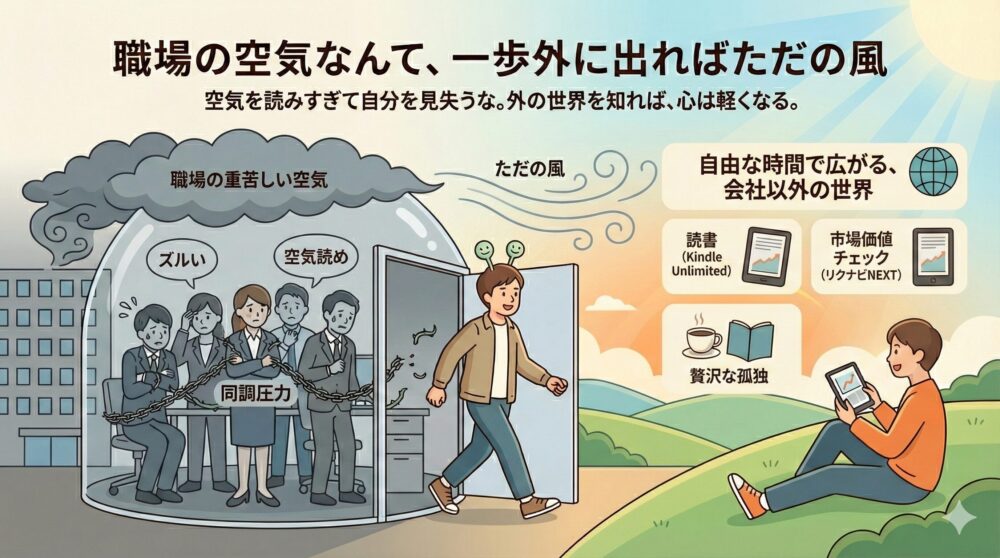 同調圧力という鎖に縛られた重苦しい職場から一歩外に出て、自由な時間を手に入れるまとめのイラスト。外では読書や市場価値の確認、贅沢な孤独を楽しみ、会社の空気がただの風に変わる様子を描写。自分を見失わず外の世界を知る大切さを伝えている。