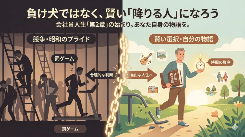 「負け犬ではなく、賢い『降りる人』になろう」という見出しの比較イラスト。左側は競争や昭和のプライドという「罰ゲーム」に疲弊する姿、右側は鎖を断ち切り「自分の物語 第2章」を笑顔で歩む姿。時間の資産や趣味を大切にする前向きなキャリア選択を表現。