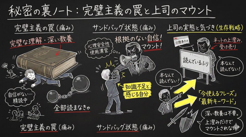 真面目な努力が空回りし上司のマウントを許してしまう完璧主義の罠を解説した図解。深い教養を求めすぎて知識不足を感じるサンドバッグ状態から、上司の実態はネットの受け売りだと見抜き「最新キーワード」で武装する生存戦略への転換を、イラストとテキストで描いている。