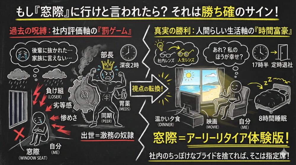 窓際配属を罰ゲームではなく時間富豪の勝利と捉える視点の転換を描いた図解。出世による激務の奴隷から脱し定時退社や自分時間を確保できるアーリーリタイア体験版としてのメリットを強調。社内評価を捨て人生の質を優先する生存戦略を表現している。