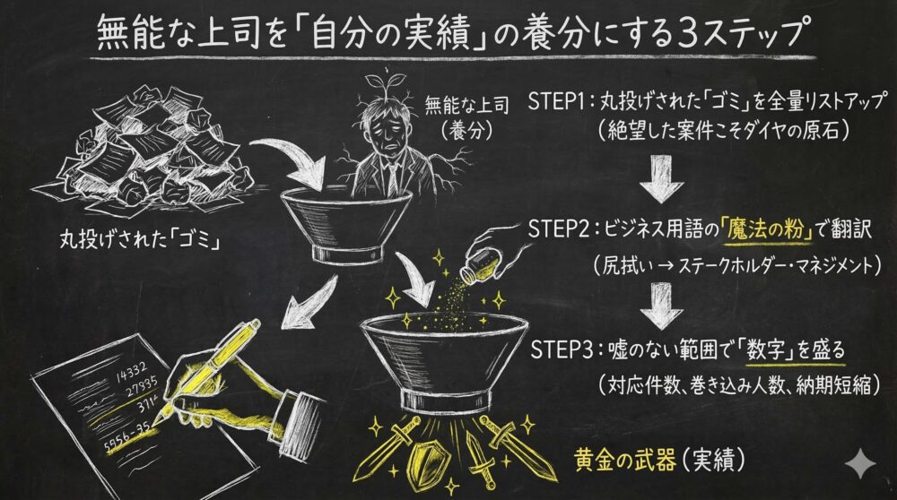 無能な上司を自分の実績の養分にする3ステップを解説した図解。丸投げされた仕事をリストアップし、ビジネス用語で翻越し、数字を盛ることで黄金の武器へと変える工程をイラストで描写。負の環境を逆手に取り、キャリアの強力な実績へと昇華させる戦略を示す。