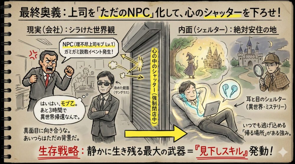 上司をNPC化して心のシャッターを下ろす生存戦略のイラスト。怒鳴る上司をただの背景として遮断し内面の世界でリラックスする様子を対比で描いています。仕事のストレスを回避し静かに生き残るための見下しスキルを解説する図解。
