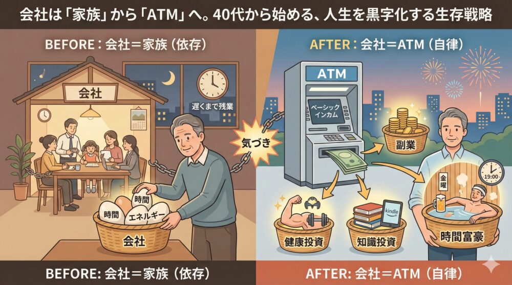 会社への依存から自律への変化を描いた図。会社を家族と考え尽くす左側と、会社をATMと割り切り副業や自己研鑽に投資し「時間富豪」を目指す右側を対比。40代からの人生を黒字化する生存戦略を表現している。