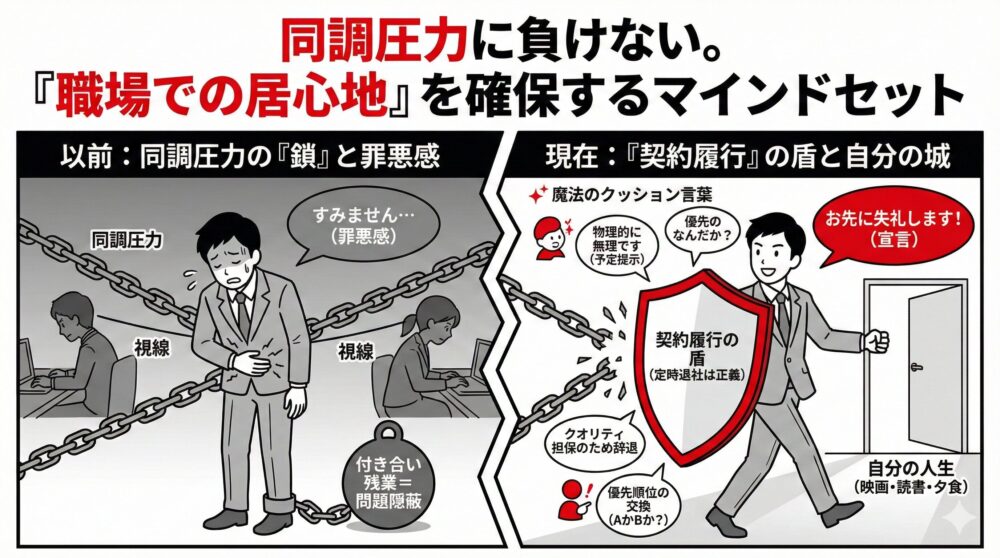 同調圧力に負けない職場でのマインドセット。以前は鎖と罪悪感に縛られ残業していた姿から、現在は「契約履行の盾」で定時退社を宣言し、読書や夕食といった「自分の人生」を確保する姿への変化を描いた比較図解。