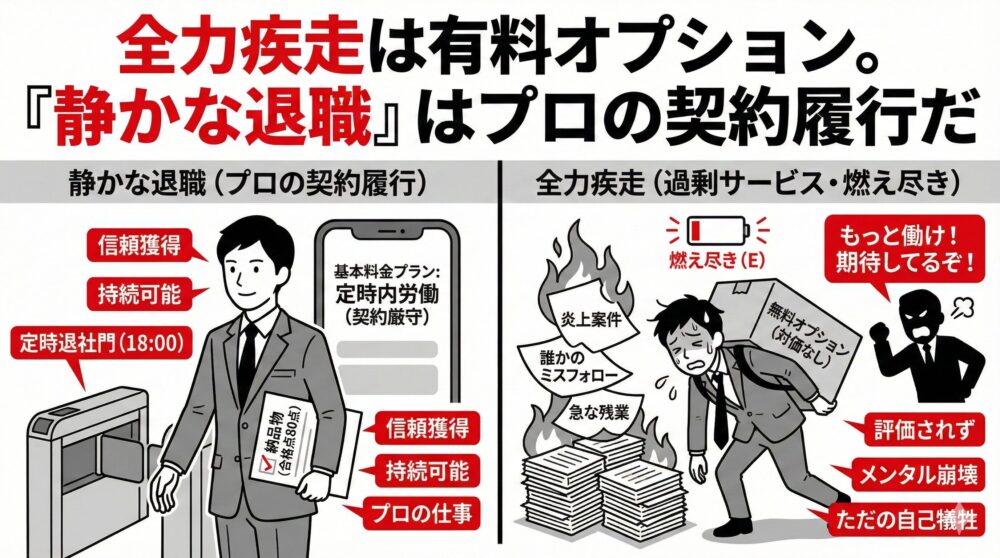 全力疾走は有料オプション。「静かな退職」はプロの契約履行だという図解。定時退社し成果を出す「プロの仕事」と、過剰サービスで燃え尽きる「自己犠牲」を左右で比較し、持続可能な働き方の重要性を説くイラスト。