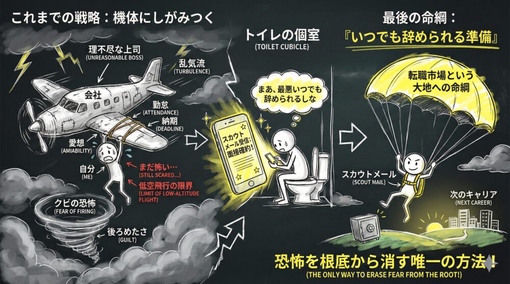 墜落寸前の会社にしがみつく恐怖から、転職市場という命綱で脱出する図解。スカウトメール受信を機に「いつでも辞められる準備」というパラシュートで次のキャリアへ飛び出す姿を描き、会社への過度な依存を断ち切り、精神的な自由と生存戦略を手に入れる重要性を表現している。