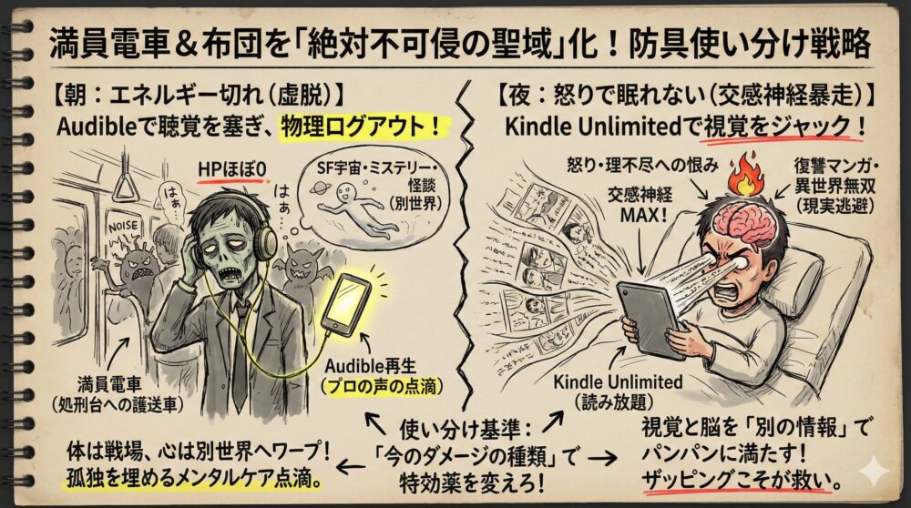 満員電車と布団を「聖域」に変える防具使い分け戦略の図解。朝はAudibleで聴覚を塞ぎ物理ログアウト、夜はKindle Unlimitedで視覚をジャックして現実逃避するメンタルケア術を解説。ダメージの種類に応じた「特効薬」の選び方を比較描写している。
