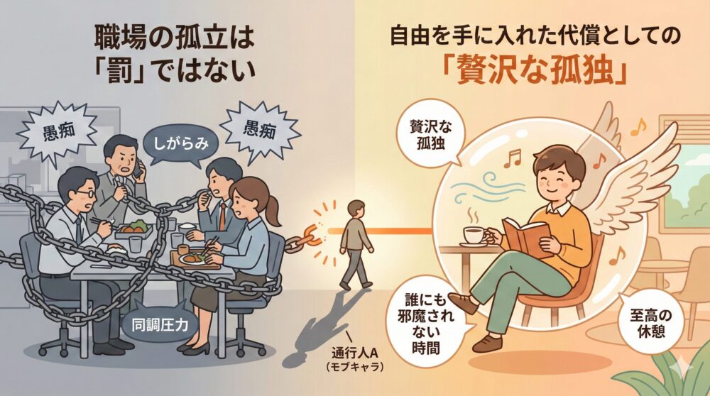 職場の孤立を「罰」ではなく「贅沢な孤独」と捉え直す比較図。左はしがらみや同調圧力の鎖に縛られ愚痴をこぼす集団、右はそこから抜け出し一人で読書や休憩を穏やかに楽しむ姿を描く。組織の同調圧力から解放され、自分だけの自由な時間を手にする価値を表現。