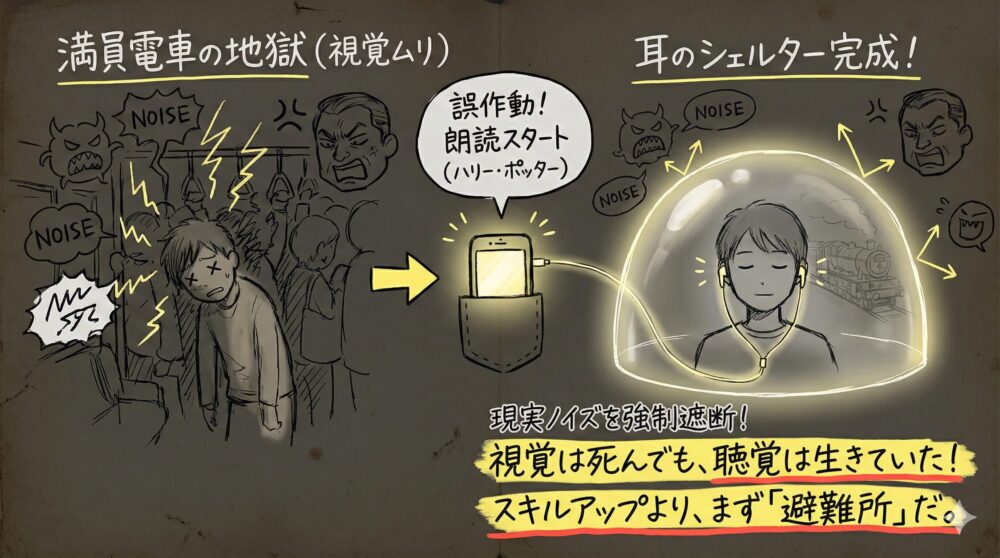 満員電車のストレスからAudibleの朗読によって「耳のシェルター」が完成する様子を描いた図解。視覚が限界でも聴覚で現実のノイズを強制遮断し、自分だけの避難所を作る体験を表現している。