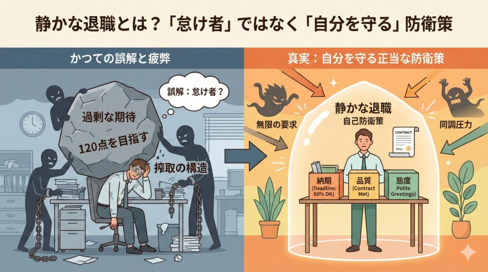 「静かな退職」を自分を守る防衛策と定義する比較図。左は過剰な期待に疲弊する搾取の構造、右はバリアの中で納期や品質などの契約義務を淡々とこなし、無限の要求や同調圧力を防ぐ姿を描く。怠け者ではなく、自分を保つための新しい働き方を表現。