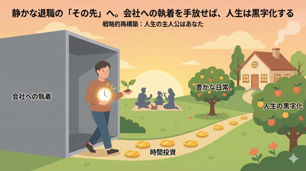 「会社への執着」という灰色の箱から抜け出し、人生を黒字化させる様子を描いた図。時間を手に取り、家族との時間や豊かな日常が待つ明るい世界へ歩き出す男性の姿を通じて、戦略的に人生の主人公を取り戻すプロセスを表現している。
