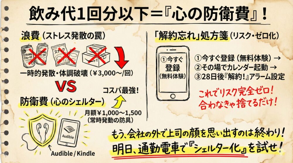 飲み代以下の費用でAudibleやKindleを活用する心の防衛費の図解。一時的な浪費と心のシェルターを比較し、低コストでストレス対策をする方法を提案。無料体験の解約忘れを防ぐ手順も解説し、通勤時間を活用して自分を守るライフハックを紹介しています。