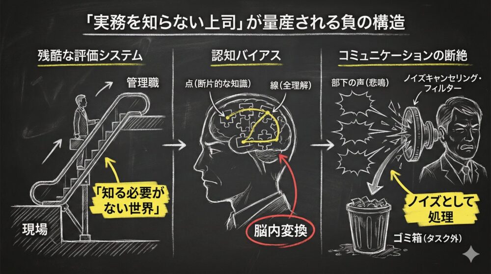 実務を知らない上司が生まれる構造の図解。現場の悲鳴やリスクをノイズとして処理し、わずかな経験を全理解と勘違いする上司の脳内変換、余裕のない上司を介して現場へ丸投げされる「会社の残酷なシステム」が描かれています。諦めをつけるための組織構造の解説イラスト。