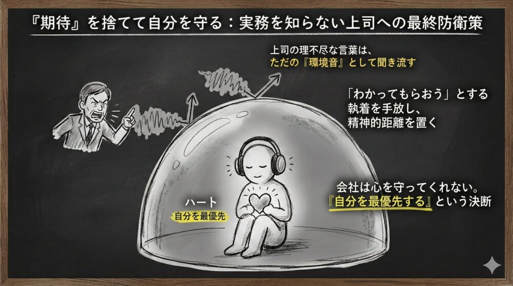 最強の防衛「期待ゼロ」をテーマにした図解。左側には実務知らずの上司に真面目に向き合い疲弊する姿、右側には上司を「ただの環境音」としてスルーし、冷徹な盾で自分を守る姿が描かれています。無茶ぶりを遮断し、期待を捨てることで心を守る生存戦略のまとめイラスト。